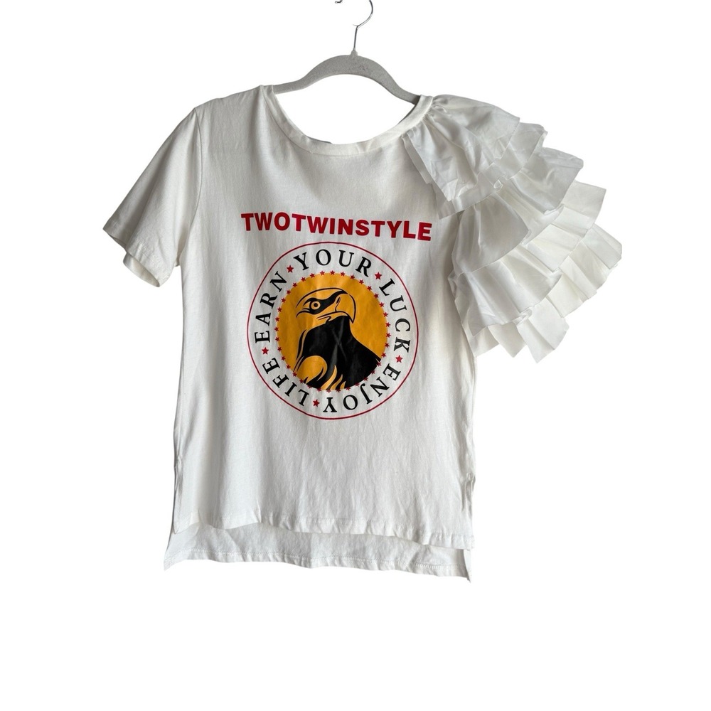Twotwinstyle Shirt Womens Small White Ivory‎ Ruffle Sleeve Top Statement Fashion